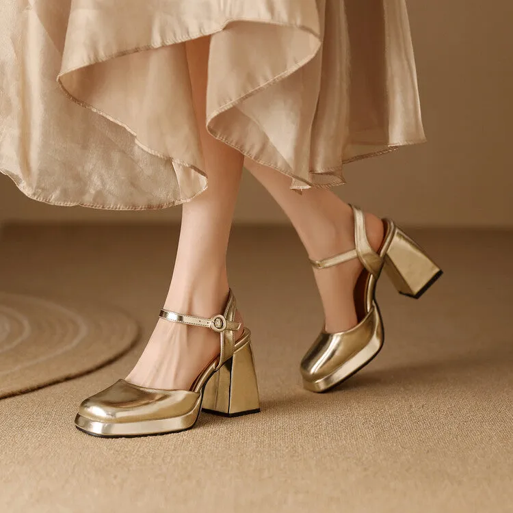 Gladiator High Heel Sandals Women's Square Toe Patent Block Heel Platform Sandals