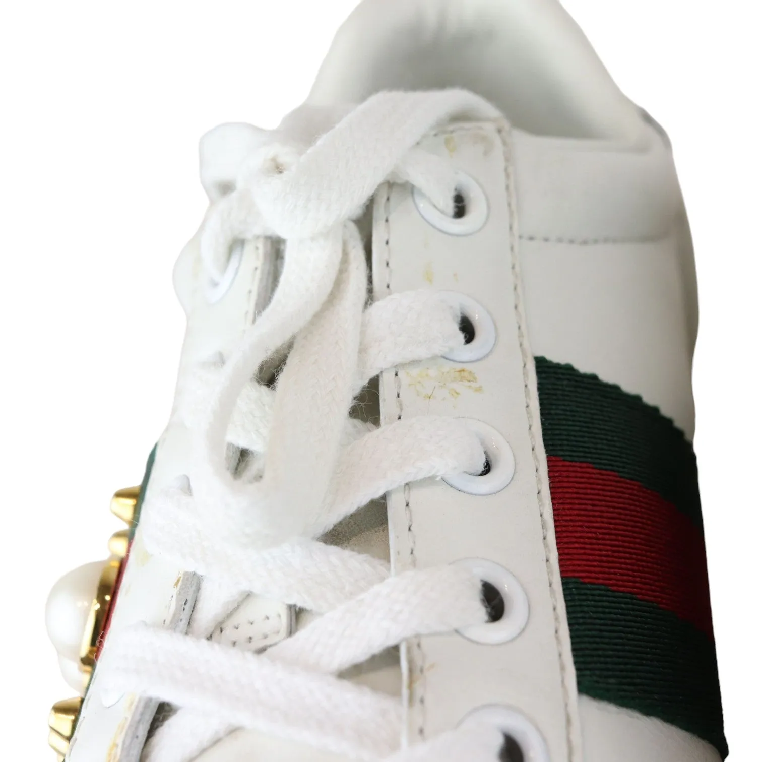 Shadow Hedgehog Sneakers Web Pearl Studded Women Ace Sneakers Calfskin White Size 37