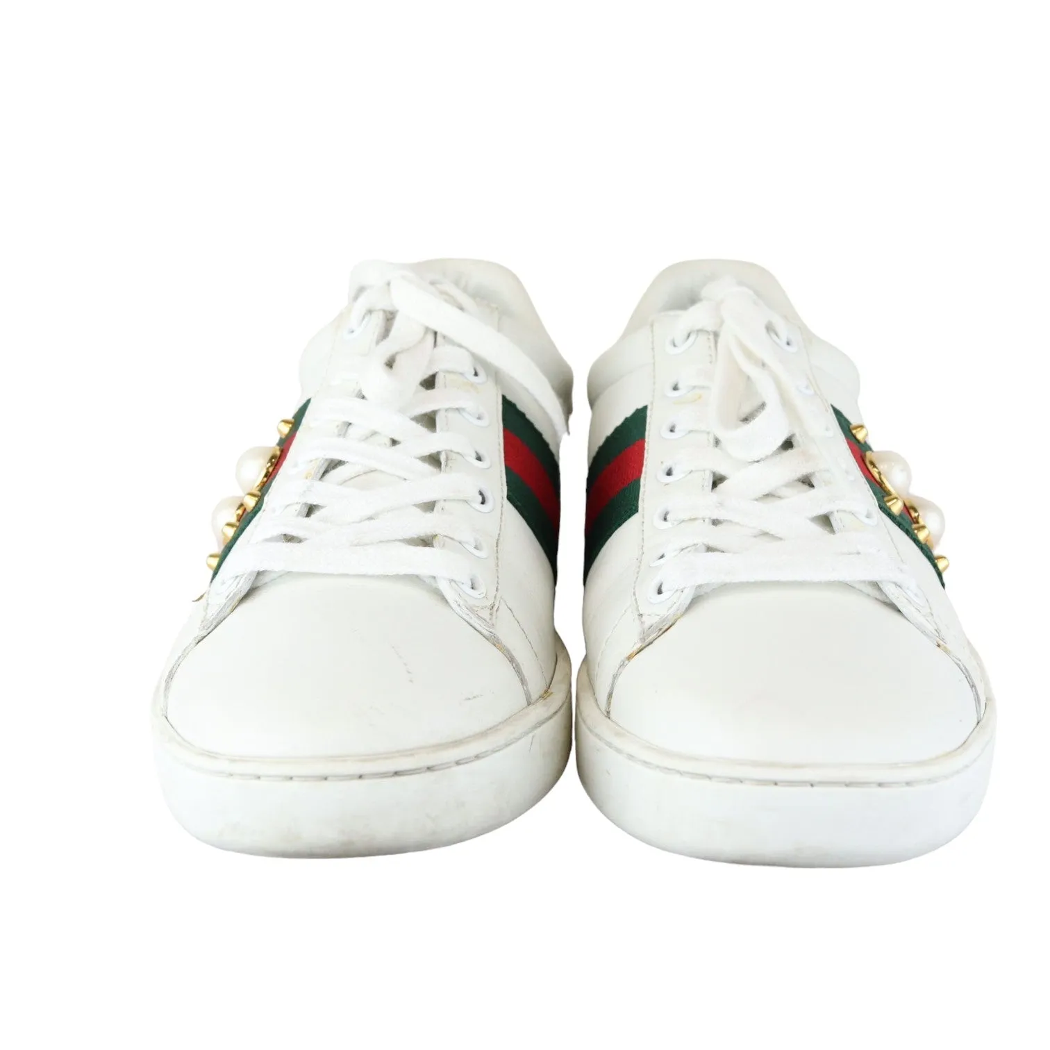 Web Pearl Studded Women Ace Sneakers Calfskin White Size 37 Bling Bling Sneakers
