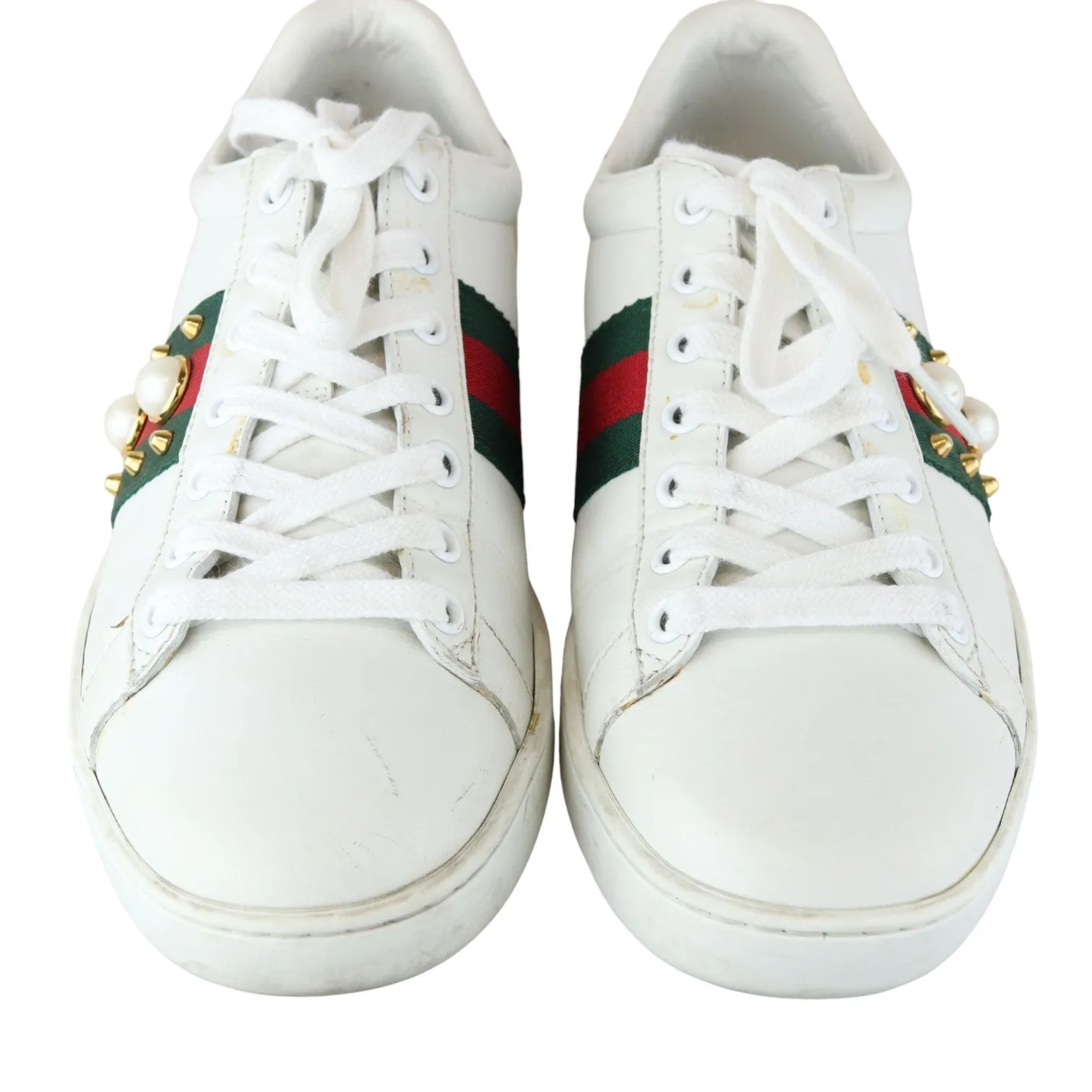 Web Pearl Studded Women Ace Sneakers Calfskin White Size 37 Retro Basketball Sneakers