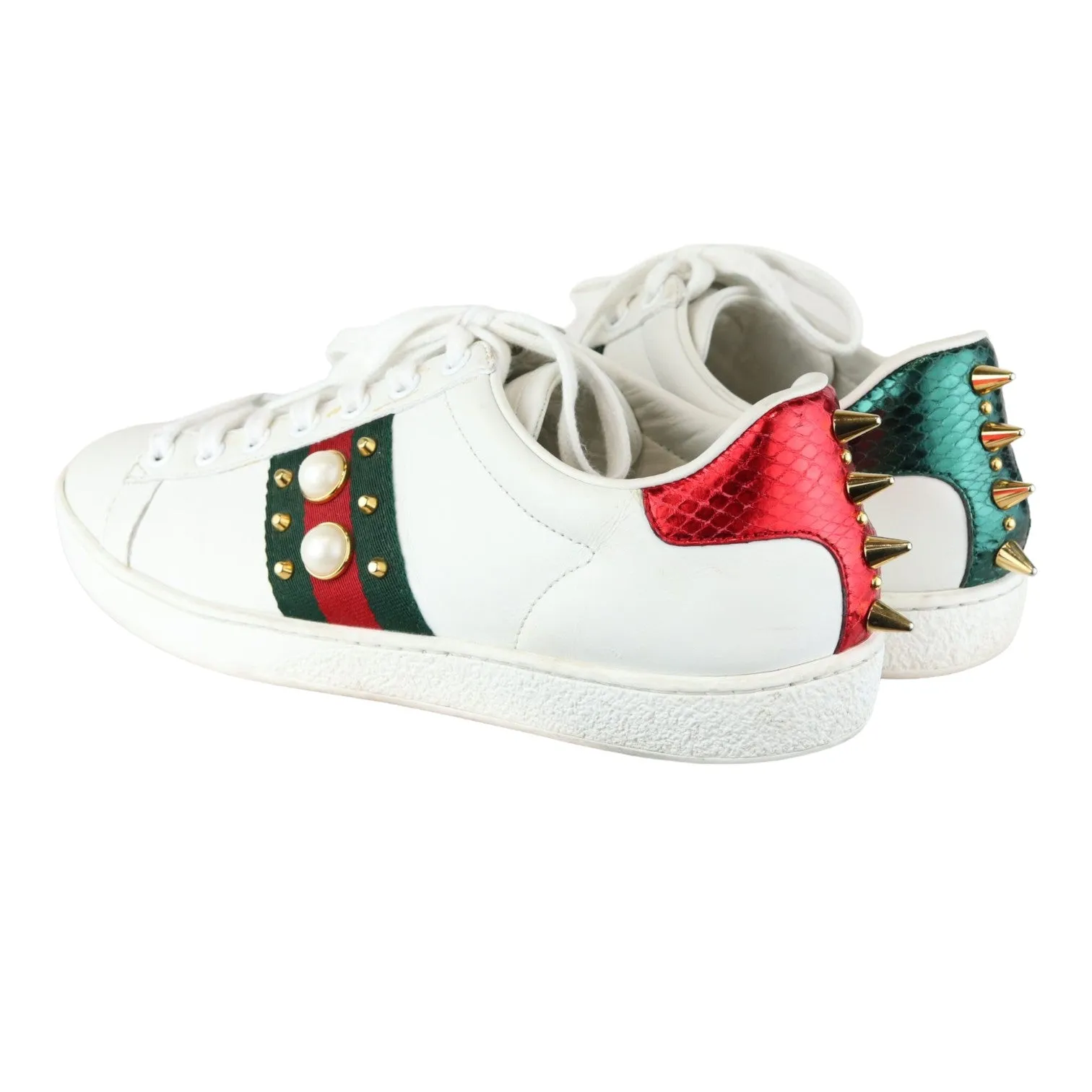 Recovery Sneakers Web Pearl Studded Women Ace Sneakers Calfskin White Size 37