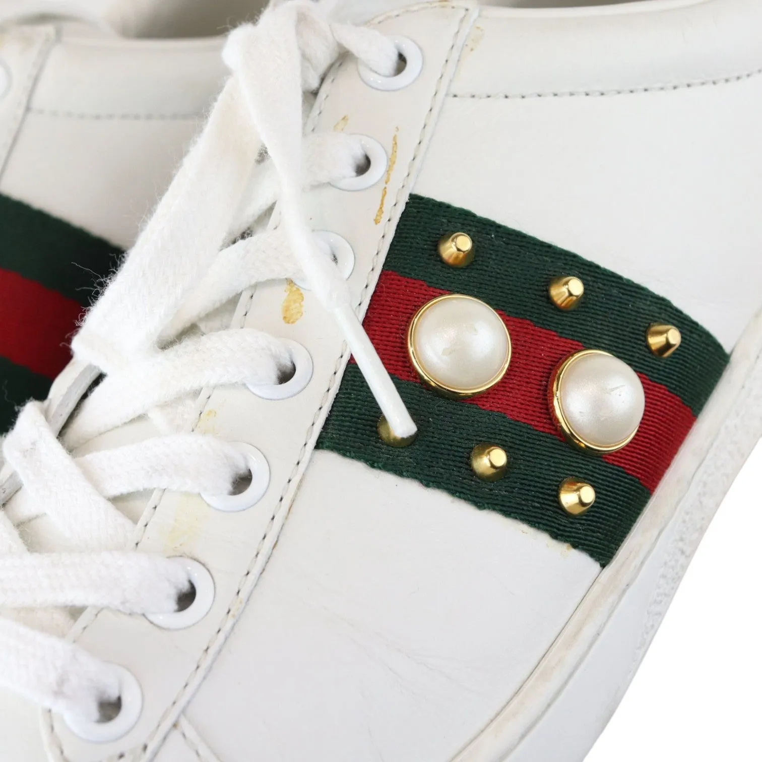 Web Pearl Studded Women Ace Sneakers Calfskin White Size 37 Power Ranger Sneakers