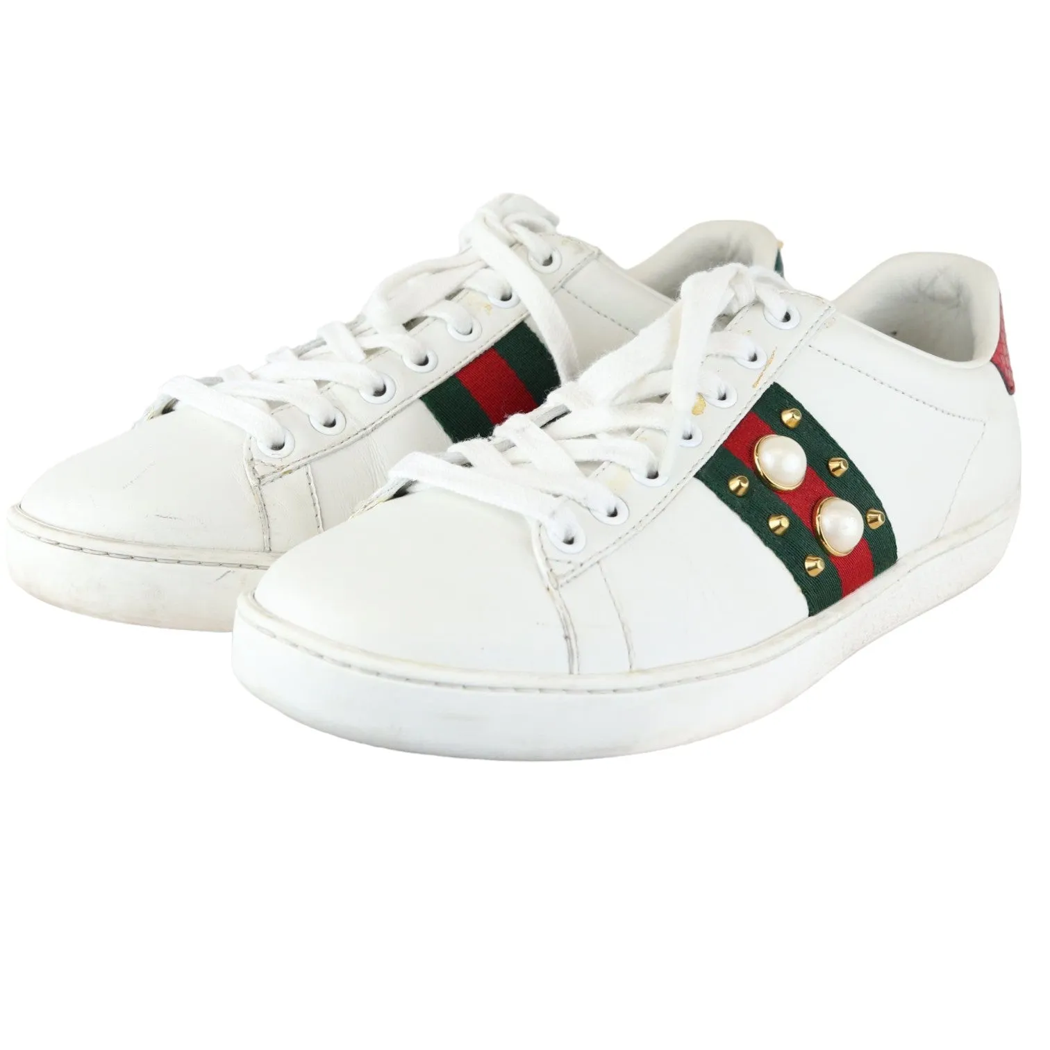 Alexander Mcqueen Sneakers Web Pearl Studded Women Ace Sneakers Calfskin White Size 37