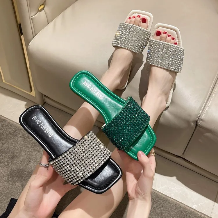 Amozae  Summer Rhinestone Slippers New Women Fashion Wild Beach Flip Flops Bright Flat Bottom Outdoor Sandals For Women Shoes Converse Flip Flops