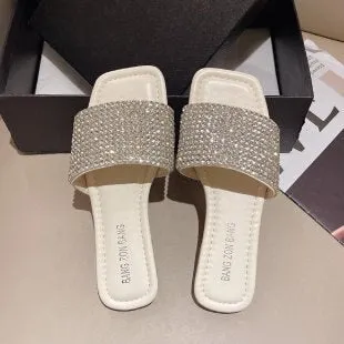 Sparkly Platform Flip Flops Amozae  Summer Rhinestone Slippers New Women Fashion Wild Beach Flip Flops Bright Flat Bottom Outdoor Sandals For Women Shoes