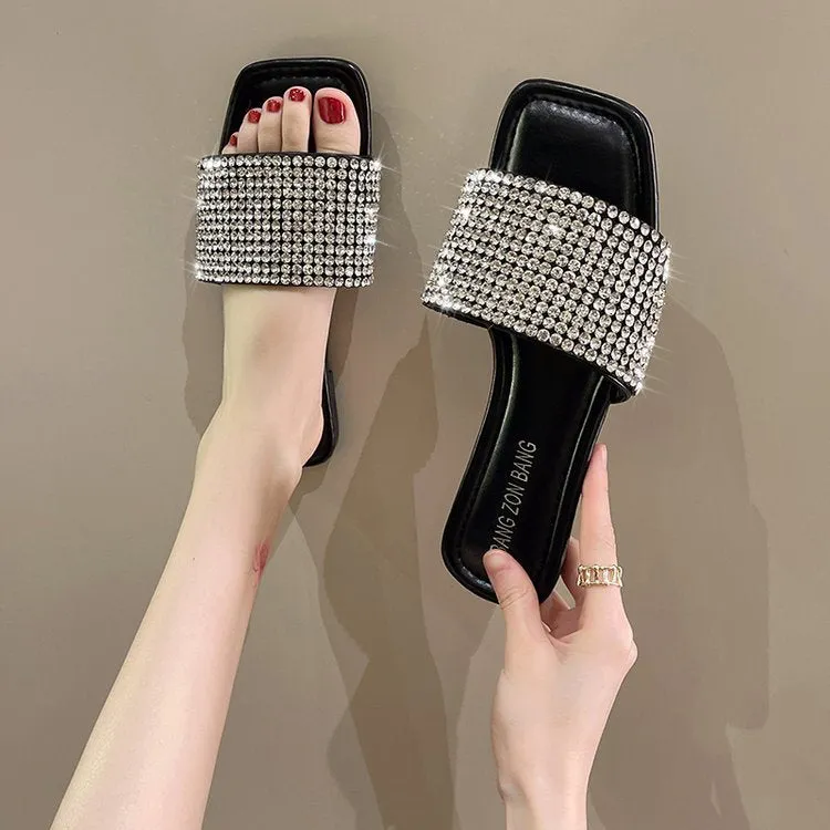 Amozae  Summer Rhinestone Slippers New Women Fashion Wild Beach Flip Flops Bright Flat Bottom Outdoor Sandals For Women Shoes Glide Post Flip Flops