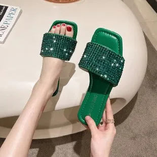 Flip Flops With High Heels Amozae  Summer Rhinestone Slippers New Women Fashion Wild Beach Flip Flops Bright Flat Bottom Outdoor Sandals For Women Shoes