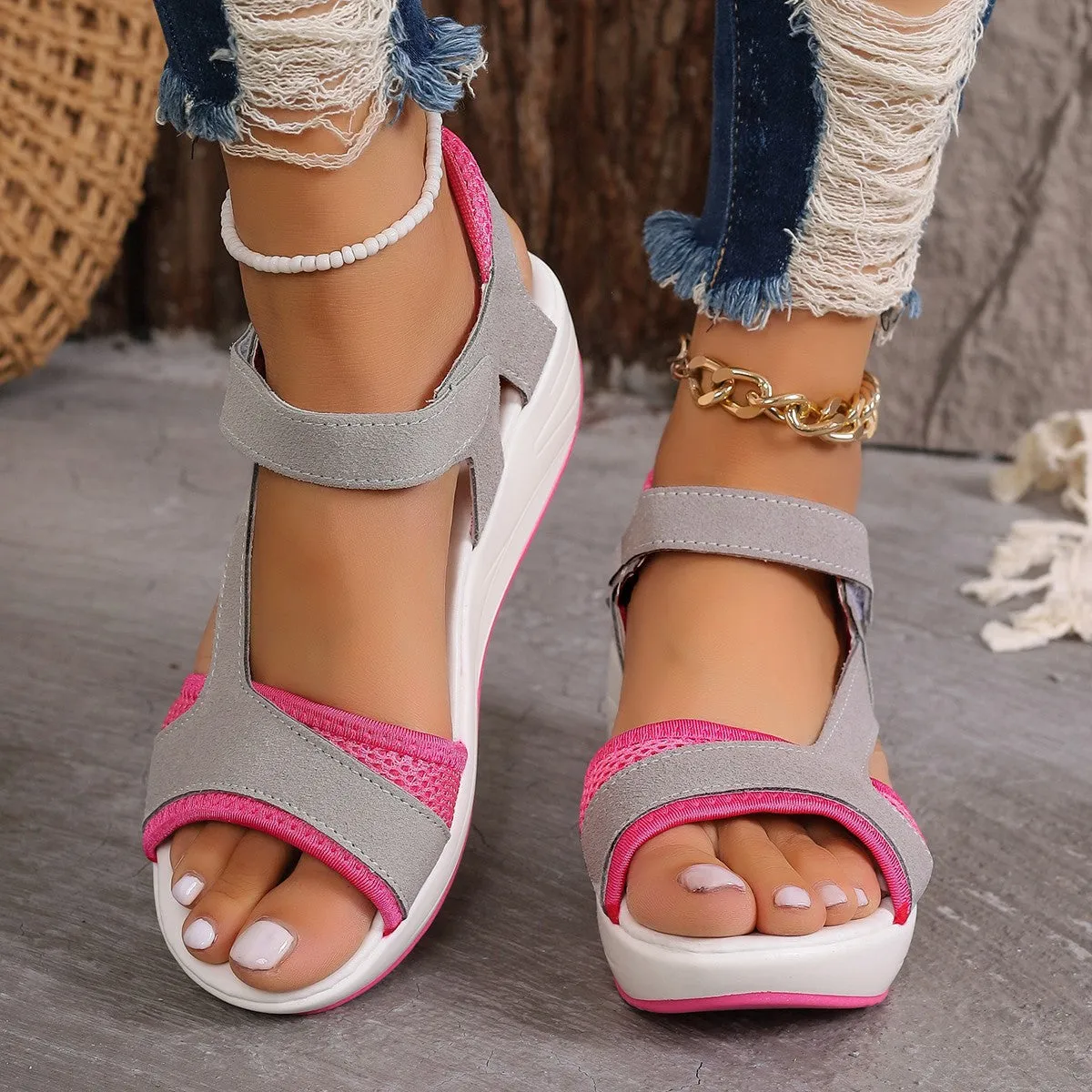 Best Sandals All Inclusive Velcro-design Sports Sandals Summer Color-blocked Wedges Breathable Mesh Shoes Summer Fish Mouth Sandals For Women