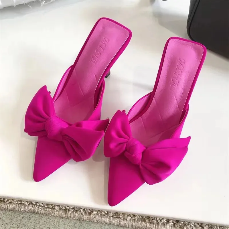 Butterfly-knot Mules Women Slippers Elegant Pointed Toe Thin High Heels Ladies Summer Fashion Party Prom Shoe Shrek And Donkey Slippers