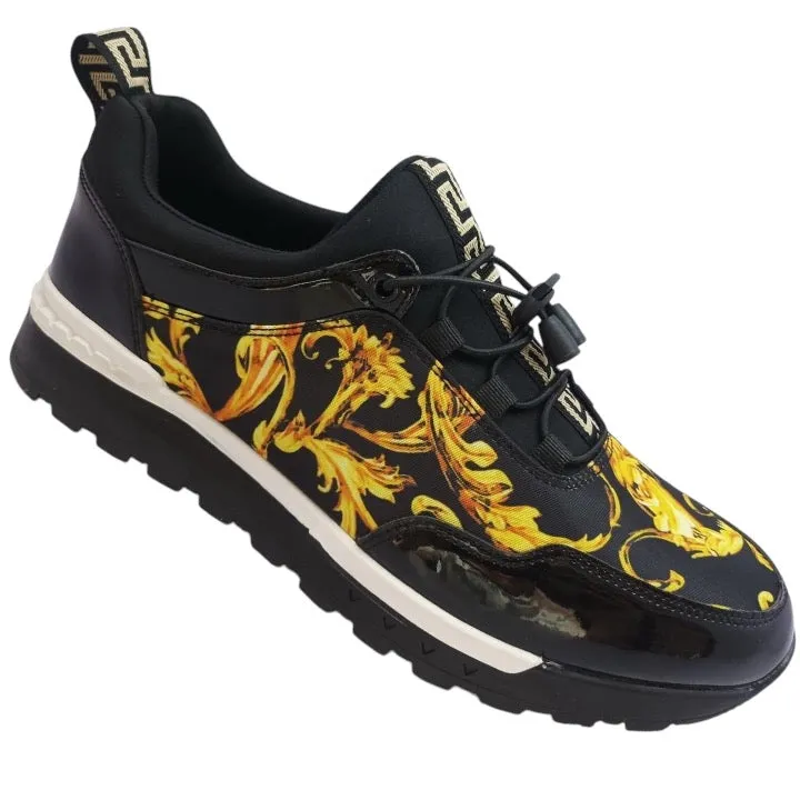 Black and Gold Paisley Design Men's Lace-Up Sneakers Casual Shoes Style No: t2 Wide Hiking Sneakers