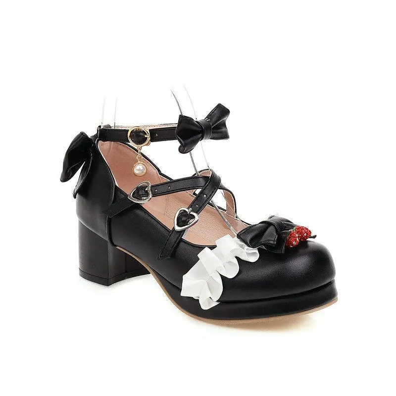 Women cute bow lolita chunky block heel loafers shoes Versace Gianni Ribbon Leather Loafers