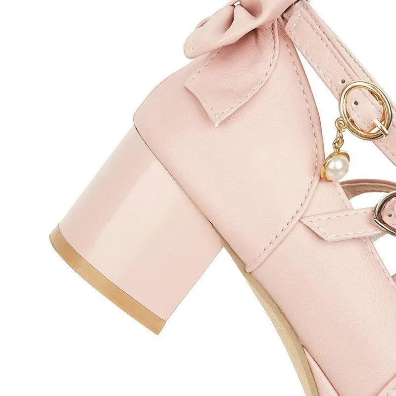 Cognac Loafers Women cute bow lolita chunky block heel loafers shoes