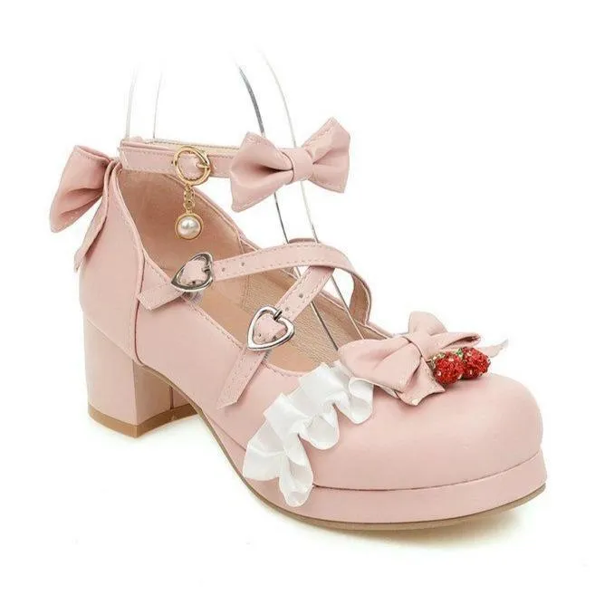 Women cute bow lolita chunky block heel loafers shoes Sweet Loafers