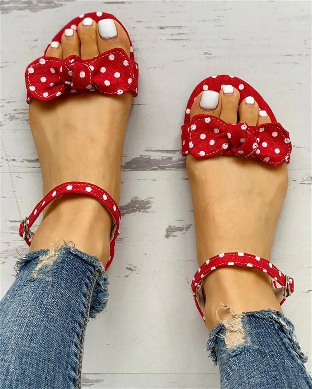 Women Leisure Sweet Polka Dots Flat Sandals Shoes Mexican Flip Flops