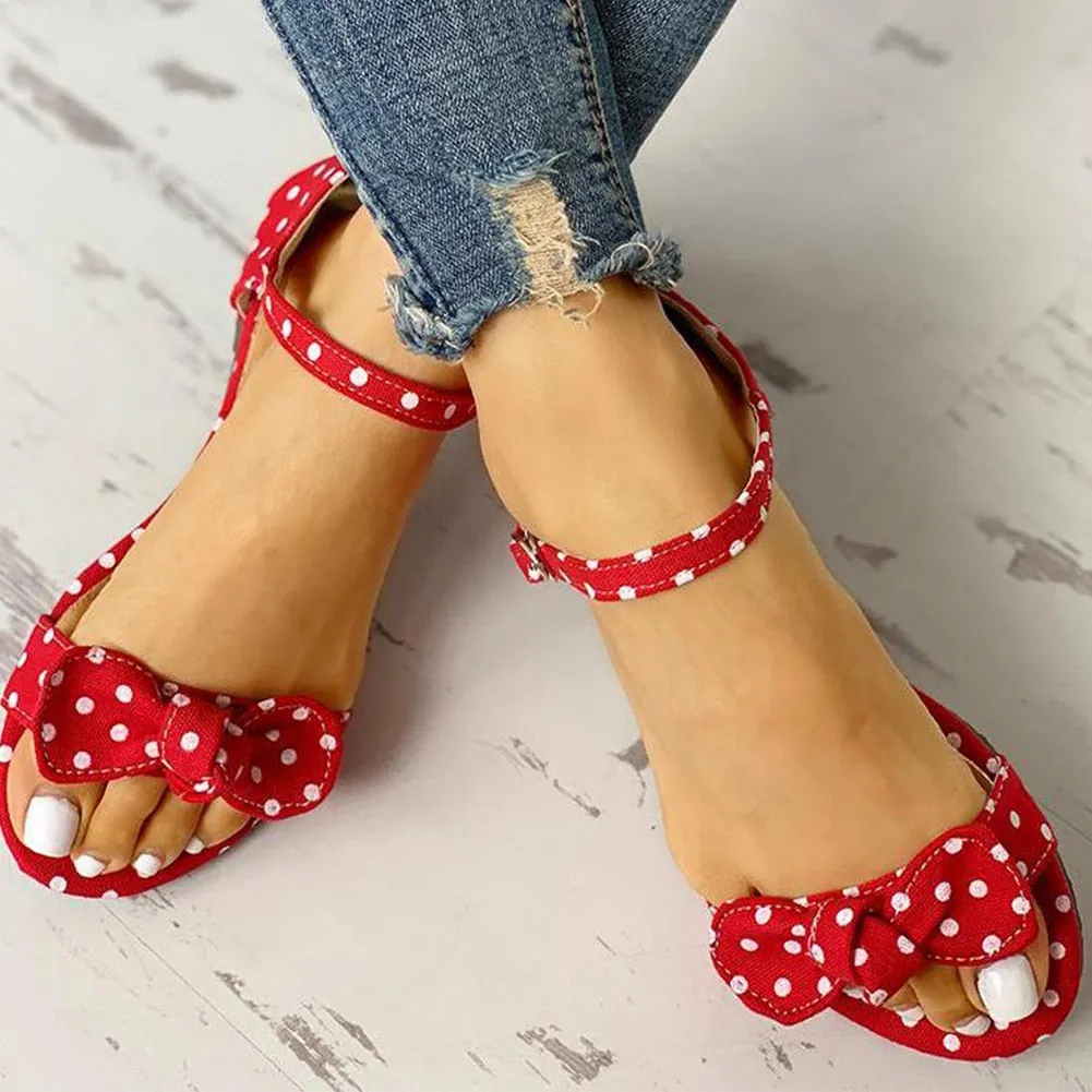 Women Leisure Sweet Polka Dots Flat Sandals Shoes White Rhinestone Wedge Flip Flops