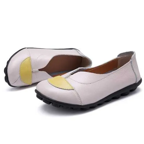 Women V Shaped Stitching Leather Casual Flat Loafers Shoes Heels Loafers