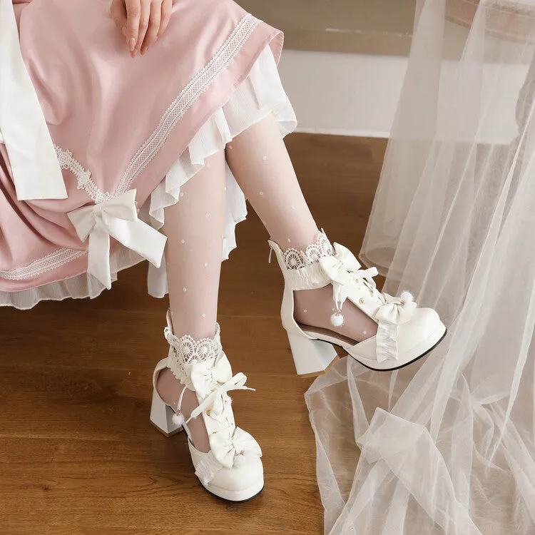 Women's Bow Tie Ankle Strap Block Heel Platform Sandals Wooden Wedge Sandals