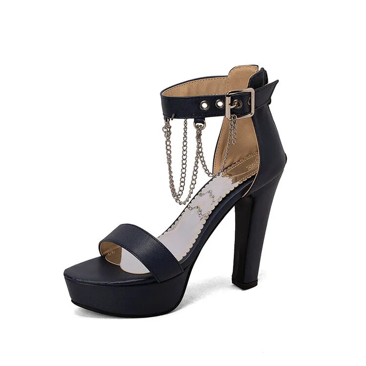 Women's Buckle Straps Chains Ankle Strap Chunky Heel Platform Sandals Best Sandals Resort
