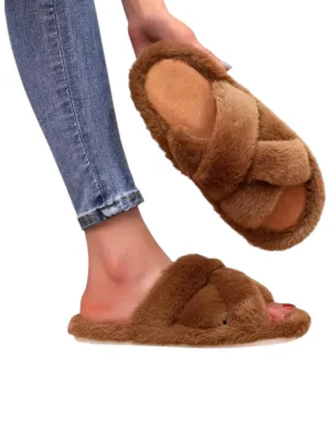 Brand Slides Women's Faux Fur Slippers,Brown