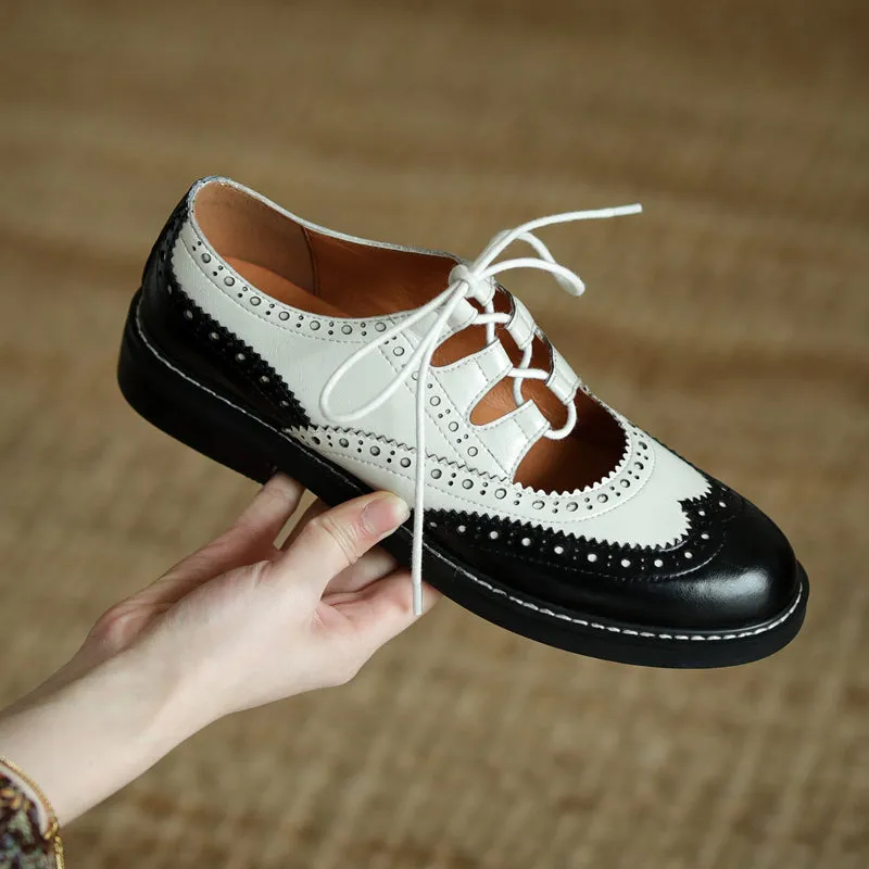 Classic T-strap Platform Mid-heel Square Toe Oxfords Dress Shoes Womens Genuine Leather Lace-up Oxford Shoes