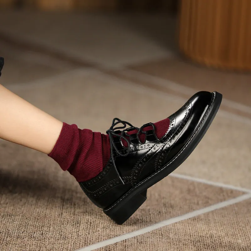 Womens Genuine Leather Lace-up Oxford Shoes Heeled Lace Up Oxfords