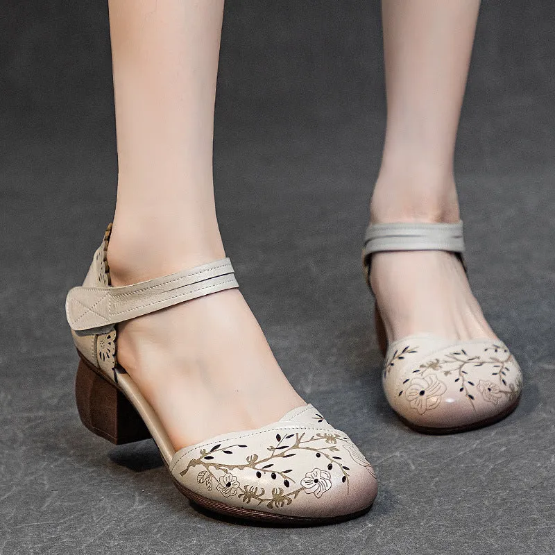 Women's Head Cowhide Chunky Heel Retro Hollow Out Printed Sandals Sandals Slide Sandals