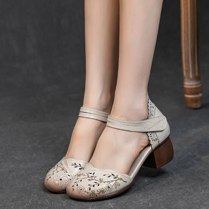 Sandals Gladiator Leather Women's Head Cowhide Chunky Heel Retro Hollow Out Printed Sandals