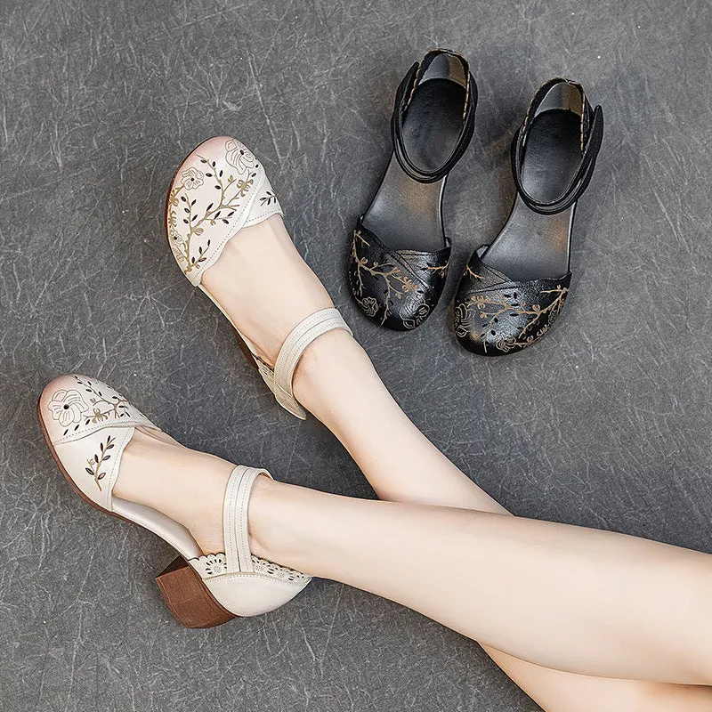 Women's Head Cowhide Chunky Heel Retro Hollow Out Printed Sandals Best Walking Sandals For Travel