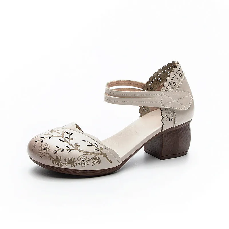 Granada Sandals Women's Head Cowhide Chunky Heel Retro Hollow Out Printed Sandals