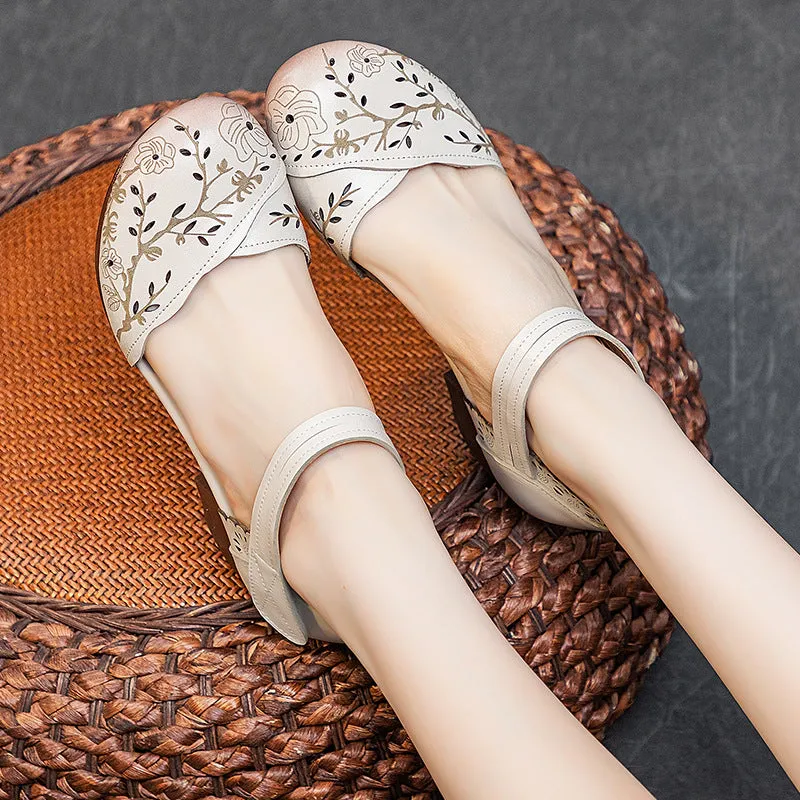 Women's Head Cowhide Chunky Heel Retro Hollow Out Printed Sandals Hike Sandals