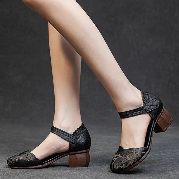 Bottom Wedge Sandals Women's Head Cowhide Chunky Heel Retro Hollow Out Printed Sandals