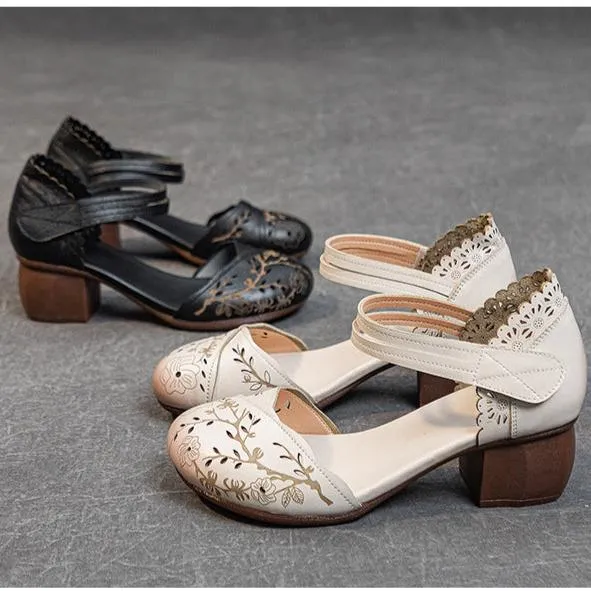 Women's Head Cowhide Chunky Heel Retro Hollow Out Printed Sandals Heeled Metallic Sandals