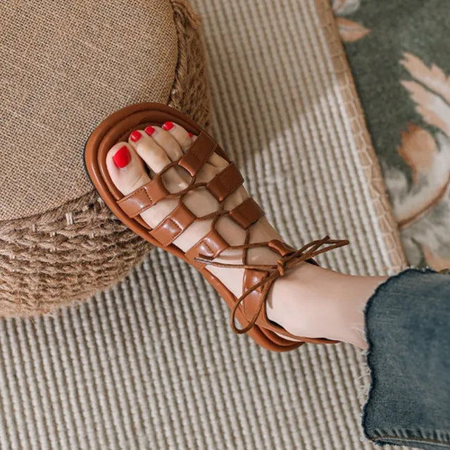 Women's Open Toe Lace Up Flats Sandals Summer Shoes Thick Sole Sandals