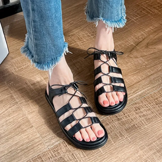 Women's Open Toe Lace Up Flats Sandals Summer Shoes Sandals Chunky Platform