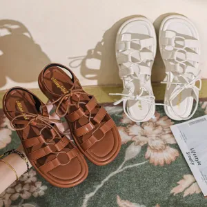 Comfort Dress Sandals Women's Open Toe Lace Up Flats Sandals Summer Shoes