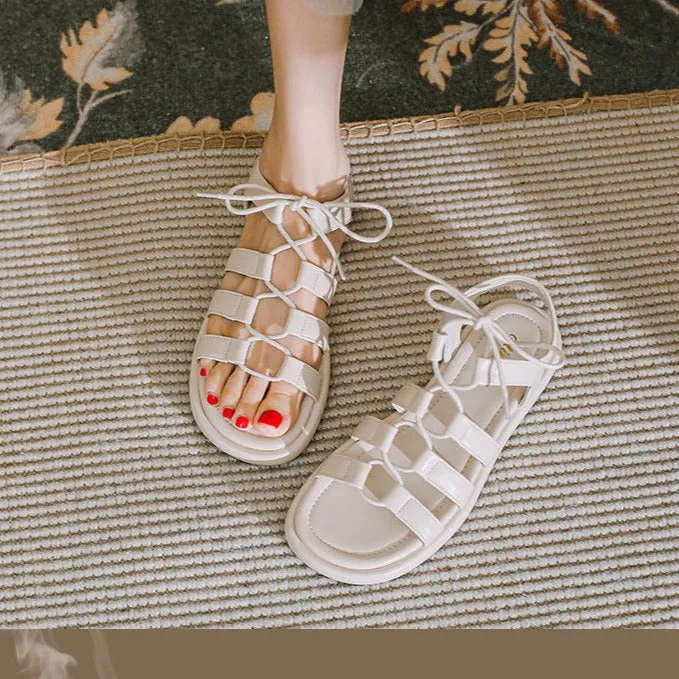 Women's Open Toe Lace Up Flats Sandals Summer Shoes Comfort Casual Sandals