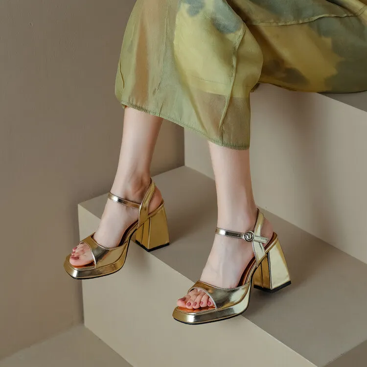 Double Strap Sandals Women's Patent Block Heel Platform Sandals