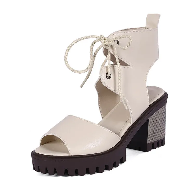 Men Sandals Women's  Peep Toe Hollow Out Chunky Heel Platform Sandals