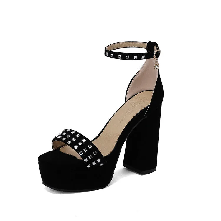 Women's Rhinestone Ankle Strap Chunky Heel Platform Sandals Helen Sandals