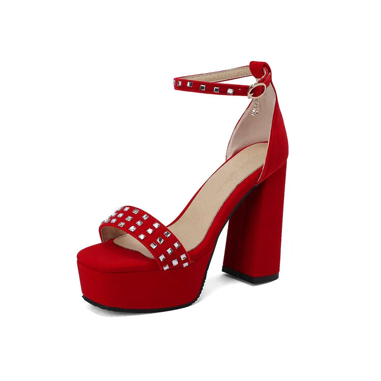 Runner Sandals Women's Rhinestone Ankle Strap Chunky Heel Platform Sandals