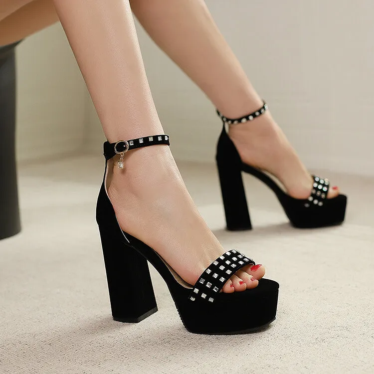 Best Sandals For Travel Women's Rhinestone Ankle Strap Chunky Heel Platform Sandals