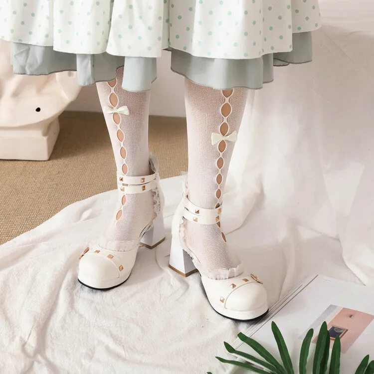 Slip Sandals Women's Rivets Lace Ankle Strap Block Heel Platform Sandals