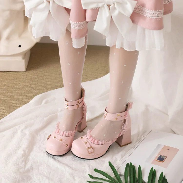 Women's Rivets Lace Ankle Strap Block Heel Platform Sandals Shein Sandals