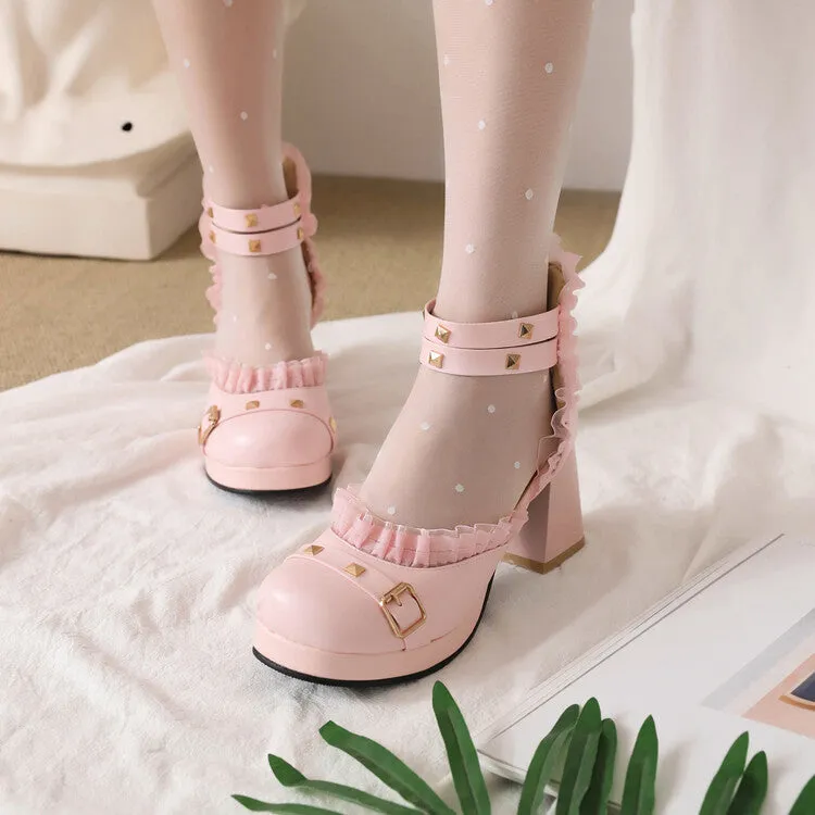 Gold Leather Sandals Women's Rivets Lace Ankle Strap Block Heel Platform Sandals