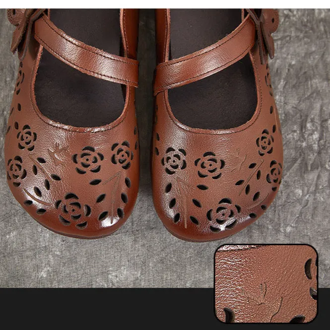 Leather Closed Toe Sandals Women's Sandals Hollow Out Literary Style Butterfly Buckle With Flats