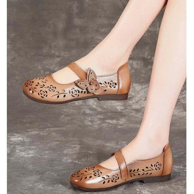 Women's Sandals Hollow Out Literary Style Butterfly Buckle With Flats 3 Strap Sandals