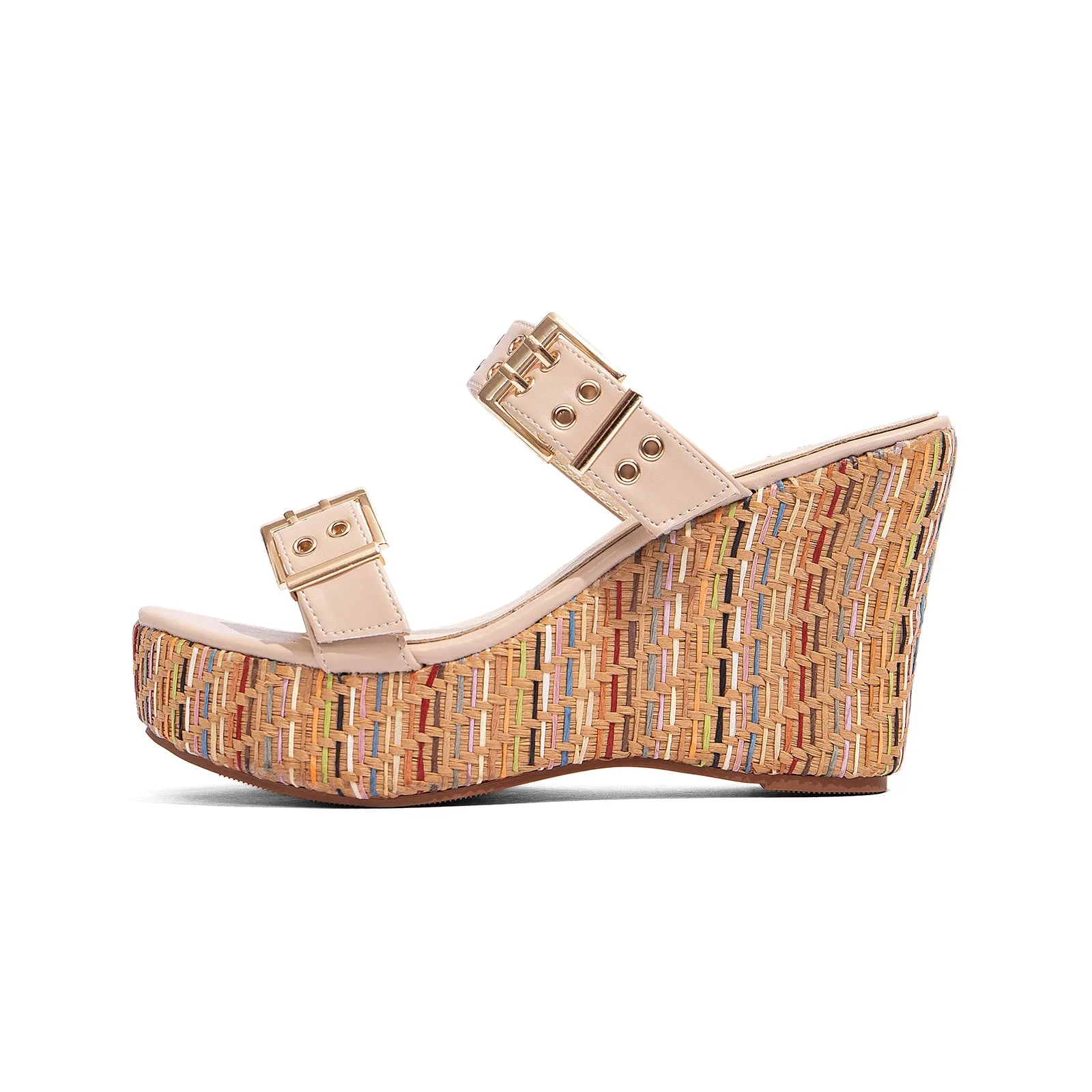 Travel Sandals Women's Slides Wedge Sandals with Buckle Strap Slip On Peep Toe Platform Sandals High Heels Shoes