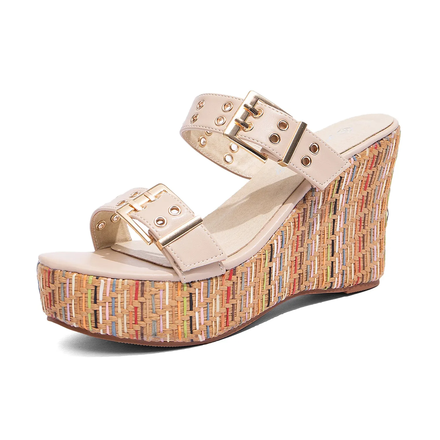 Women's Slides Wedge Sandals with Buckle Strap Slip On Peep Toe Platform Sandals High Heels Shoes Dupe Sandals