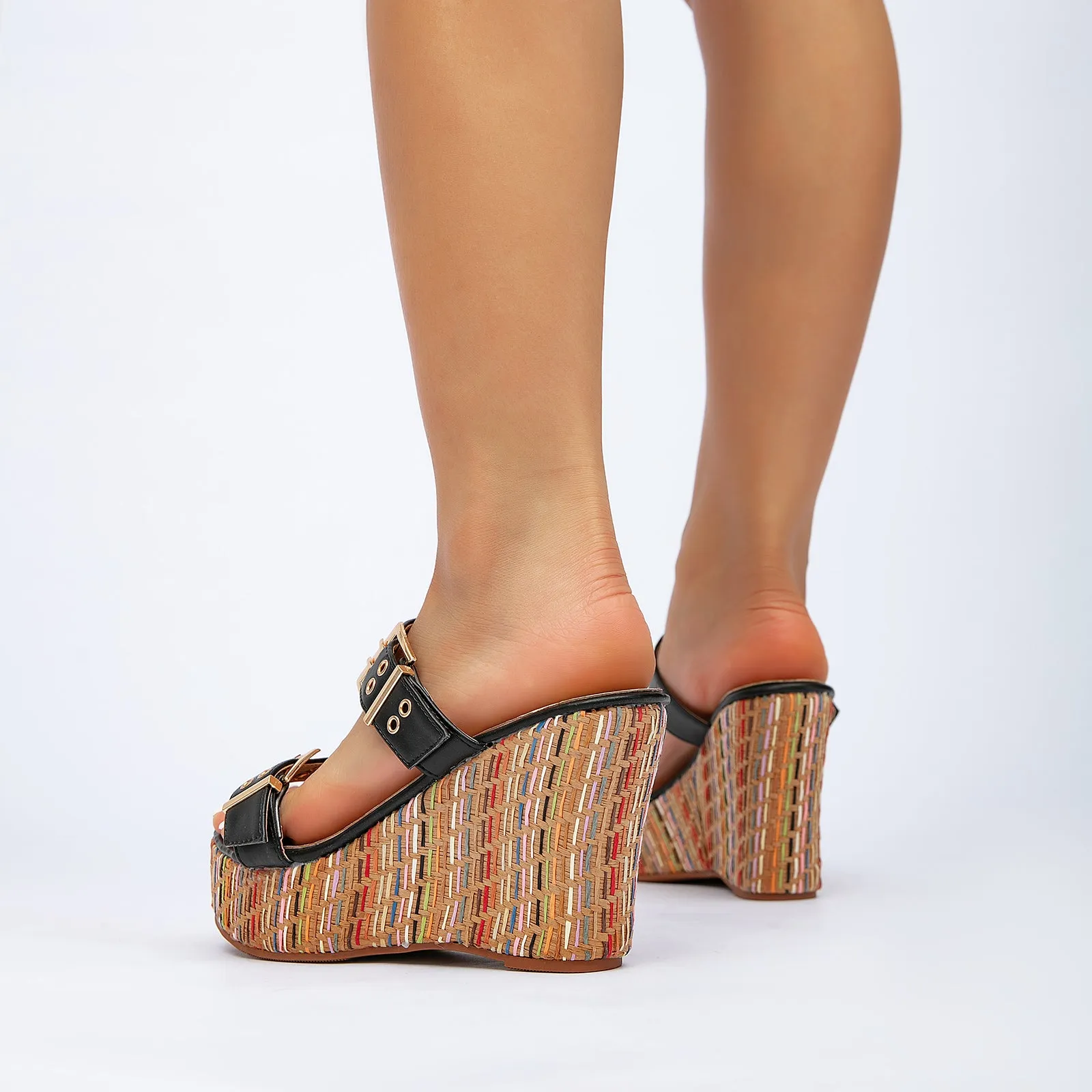 Zymic Sandals Women's Slides Wedge Sandals with Buckle Strap Slip On Peep Toe Platform Sandals High Heels Shoes