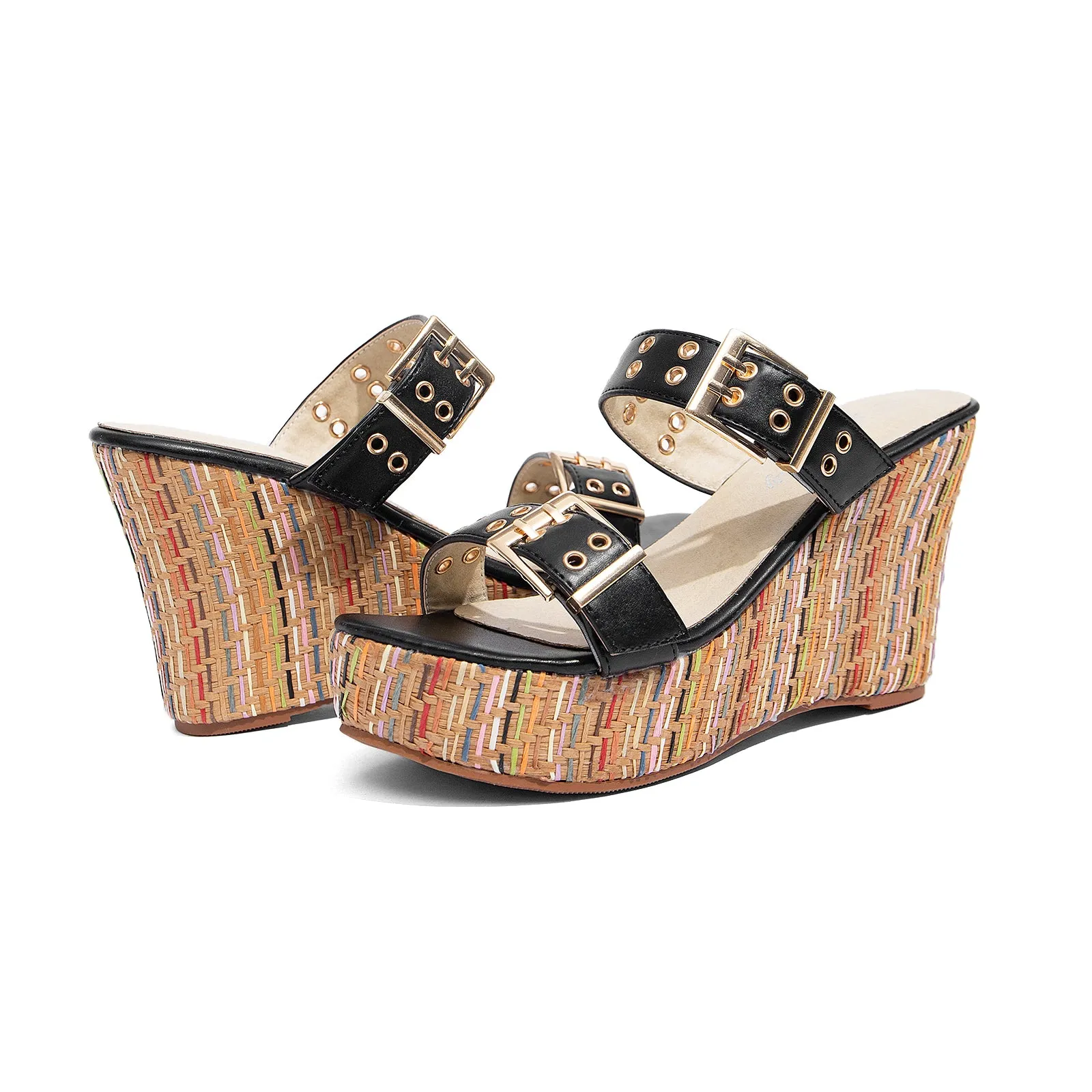 Leopard Sandals Women's Slides Wedge Sandals with Buckle Strap Slip On Peep Toe Platform Sandals High Heels Shoes